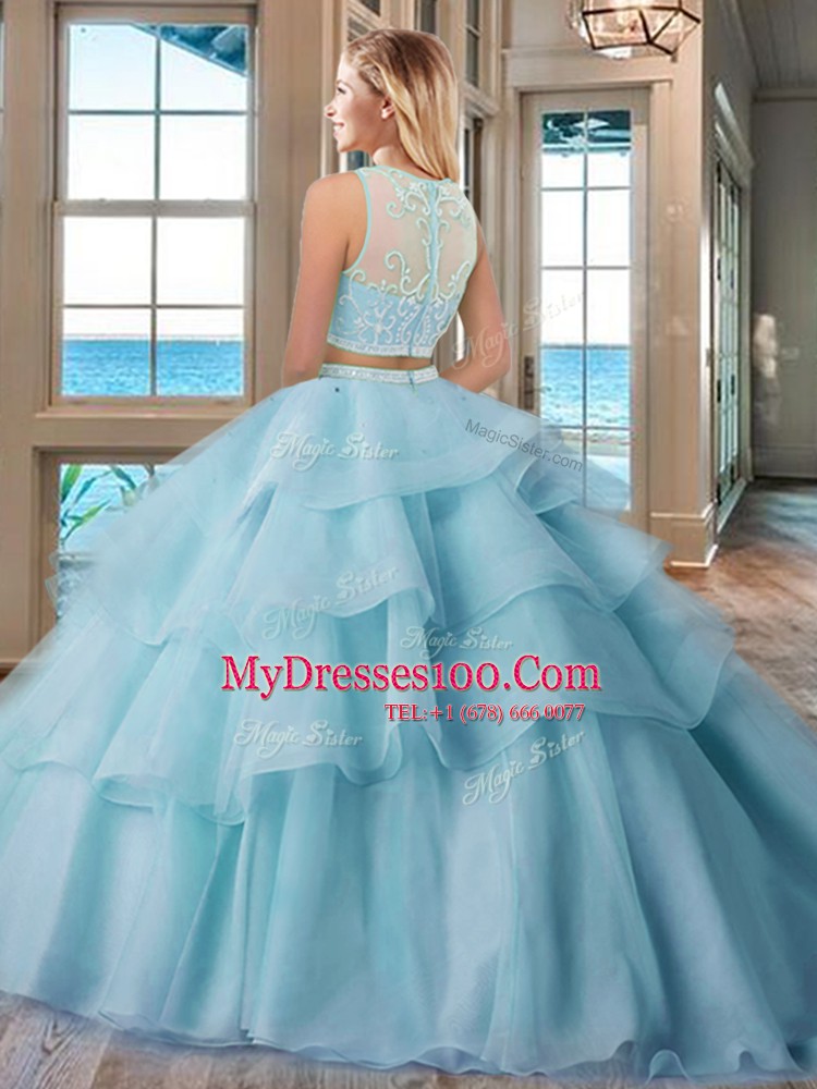 Glittering Scoop Sleeveless Zipper Floor Length Beading and Appliques and Ruffled Layers Ball Gown Prom Dress