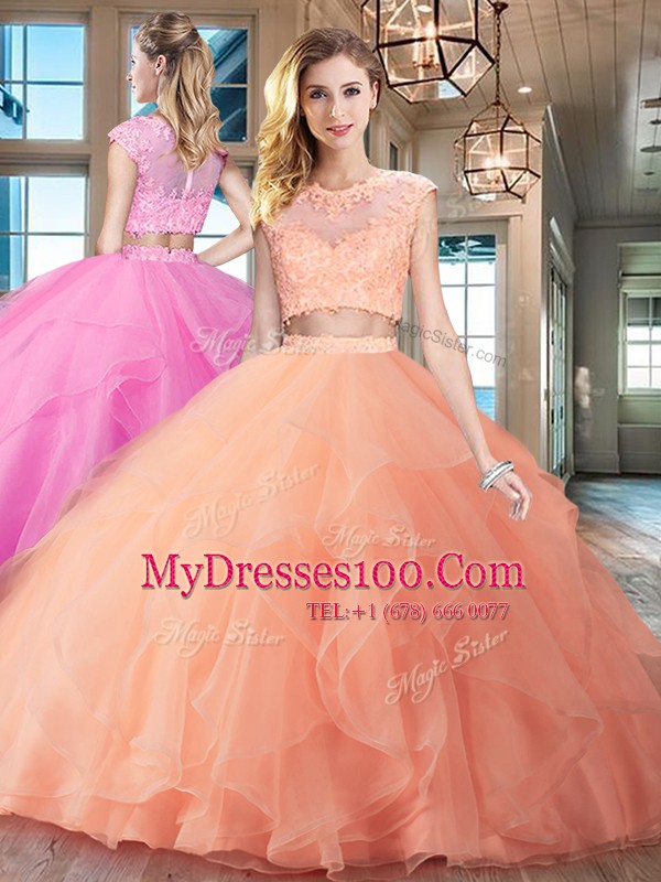 With Train Peach Sweet 16 Quinceanera Dress Scoop Cap Sleeves Brush Train Zipper