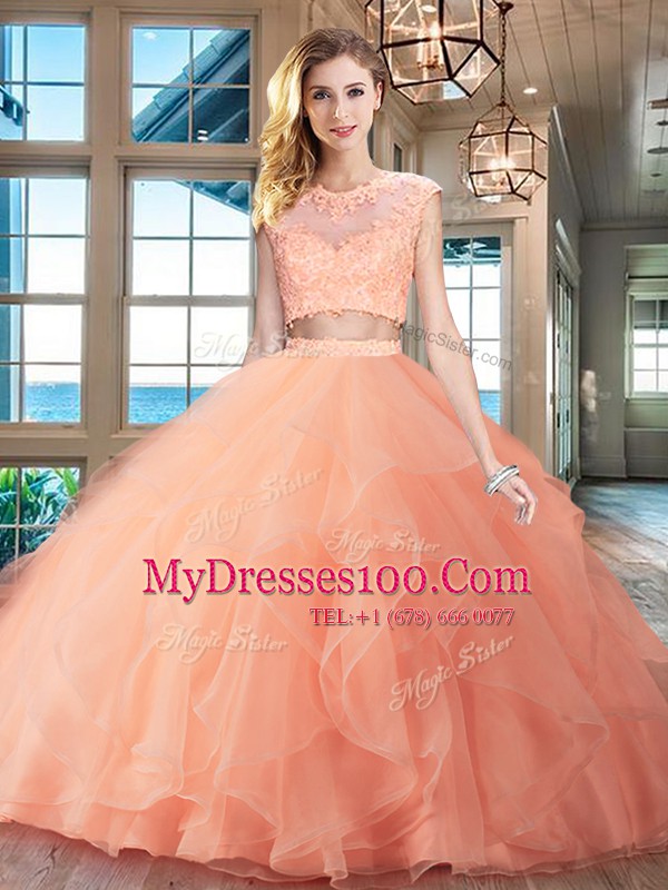 With Train Peach Sweet 16 Quinceanera Dress Scoop Cap Sleeves Brush Train Zipper