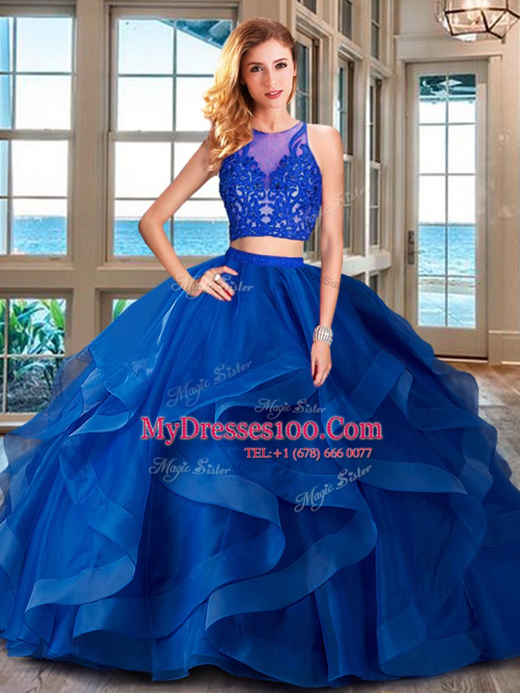 Scoop Royal Blue Sleeveless Ruffles Floor Length Ball Gown Prom Dress