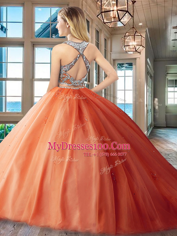 Red Sweet 16 Dress Military Ball and Sweet 16 and Quinceanera and For with Beading and Appliques Scoop Sleeveless Brush Train Criss Cross