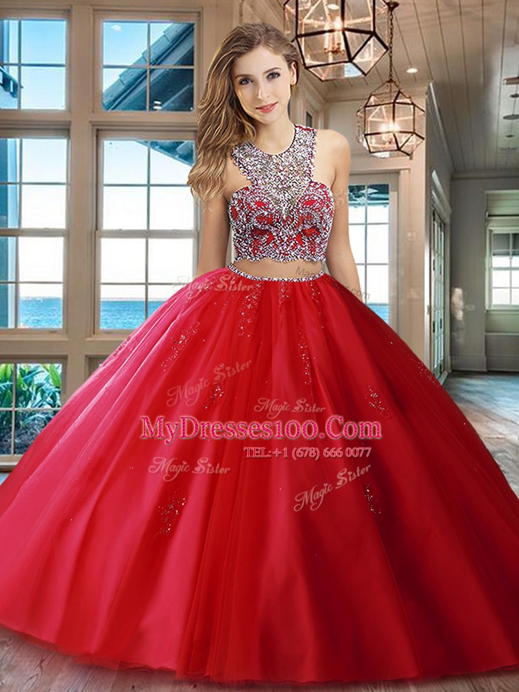 Red Sweet 16 Dress Military Ball and Sweet 16 and Quinceanera and For with Beading and Appliques Scoop Sleeveless Brush Train Criss Cross