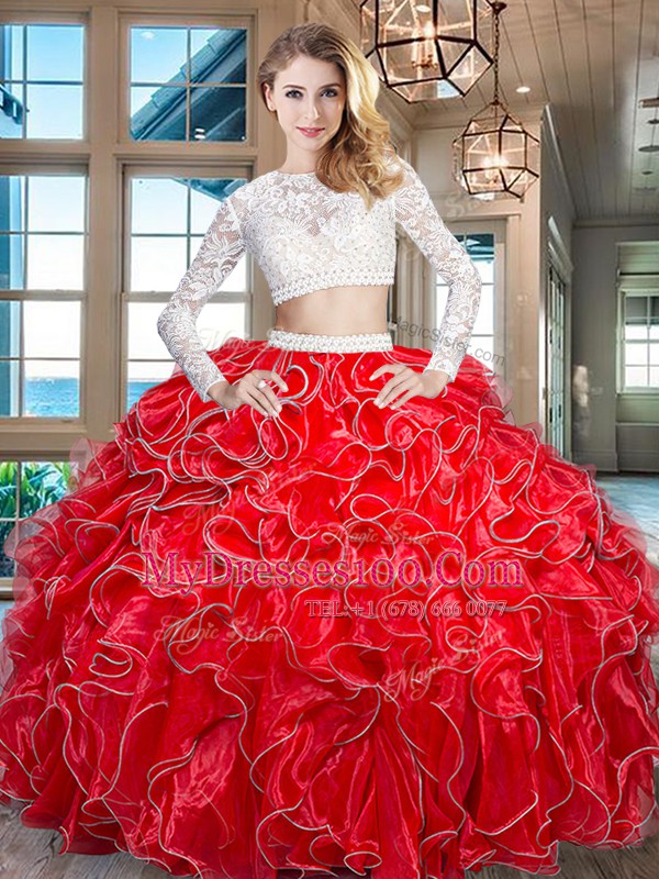 Custom Made Scoop Long Sleeves Floor Length Beading and Lace and Ruffles Zipper Ball Gown Prom Dress with Red