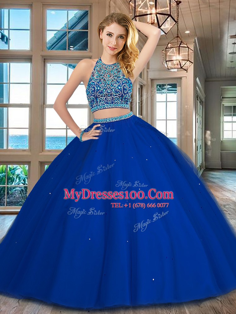 Royal Blue Scoop Backless Beading Ball Gown Prom Dress Sleeveless