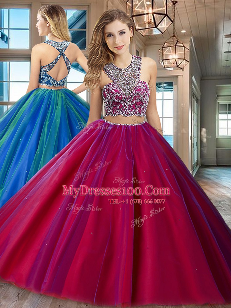 Adorable Scoop Beading Quinceanera Gowns Fuchsia Criss Cross Sleeveless Floor Length