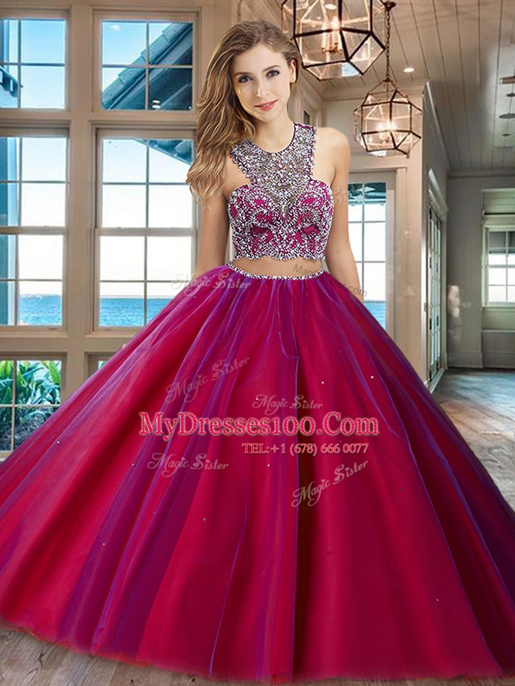 Adorable Scoop Beading Quinceanera Gowns Fuchsia Criss Cross Sleeveless Floor Length