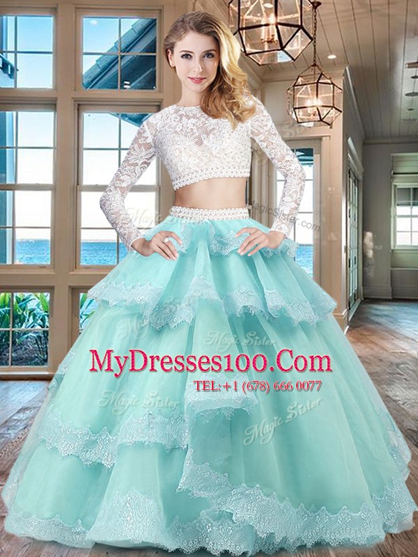Aqua Blue Tulle and Lace Zipper Scoop Long Sleeves Floor Length 15th Birthday Dress Beading and Lace and Ruffled Layers