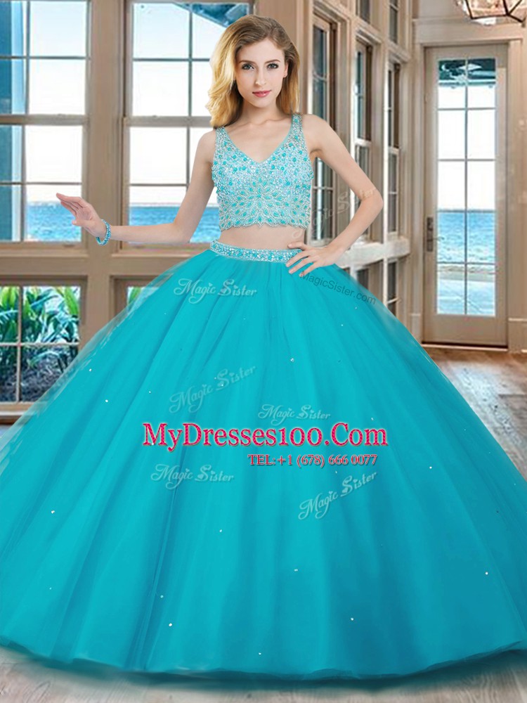Pretty Aqua Blue V-neck Neckline Beading Quinceanera Gown Sleeveless Zipper