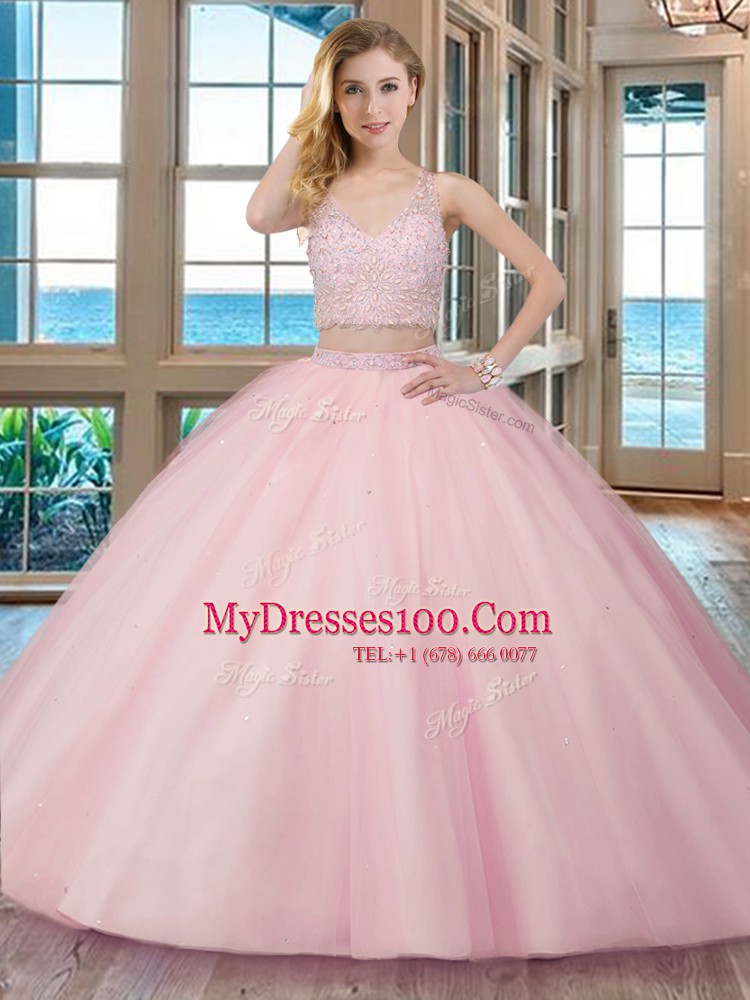 Pretty Aqua Blue V-neck Neckline Beading Quinceanera Gown Sleeveless Zipper