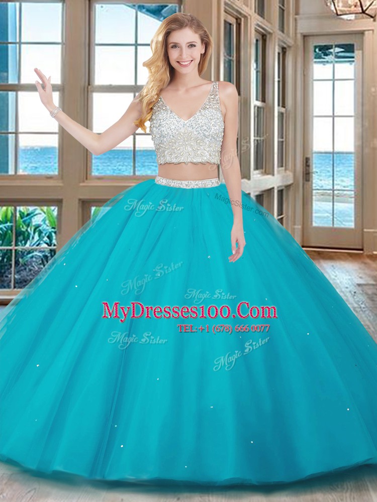 Pretty Aqua Blue V-neck Neckline Beading Quinceanera Gown Sleeveless Zipper