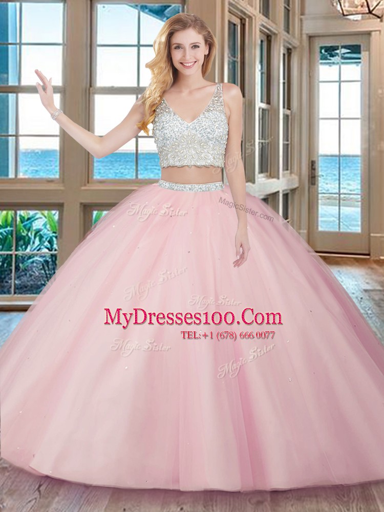 Pretty Aqua Blue V-neck Neckline Beading Quinceanera Gown Sleeveless Zipper