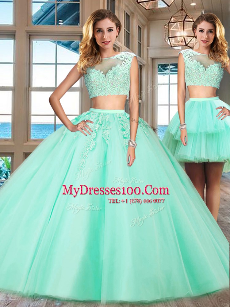 Luxurious Apple Green Two Pieces Bateau Cap Sleeves Tulle Floor Length Zipper Appliques 15 Quinceanera Dress