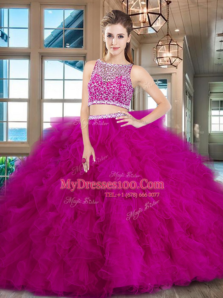 Dazzling With Train Side Zipper Quinceanera Dresses Fuchsia for Military Ball and Sweet 16 and Quinceanera with Beading and Ruffles Brush Train