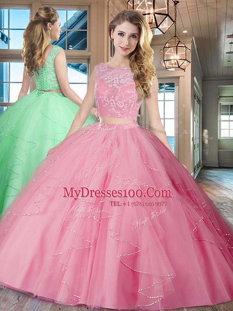 Colorful Rose Pink Two Pieces Bateau Sleeveless Tulle With Brush Train Lace Up Lace and Ruffles Sweet 16 Dress