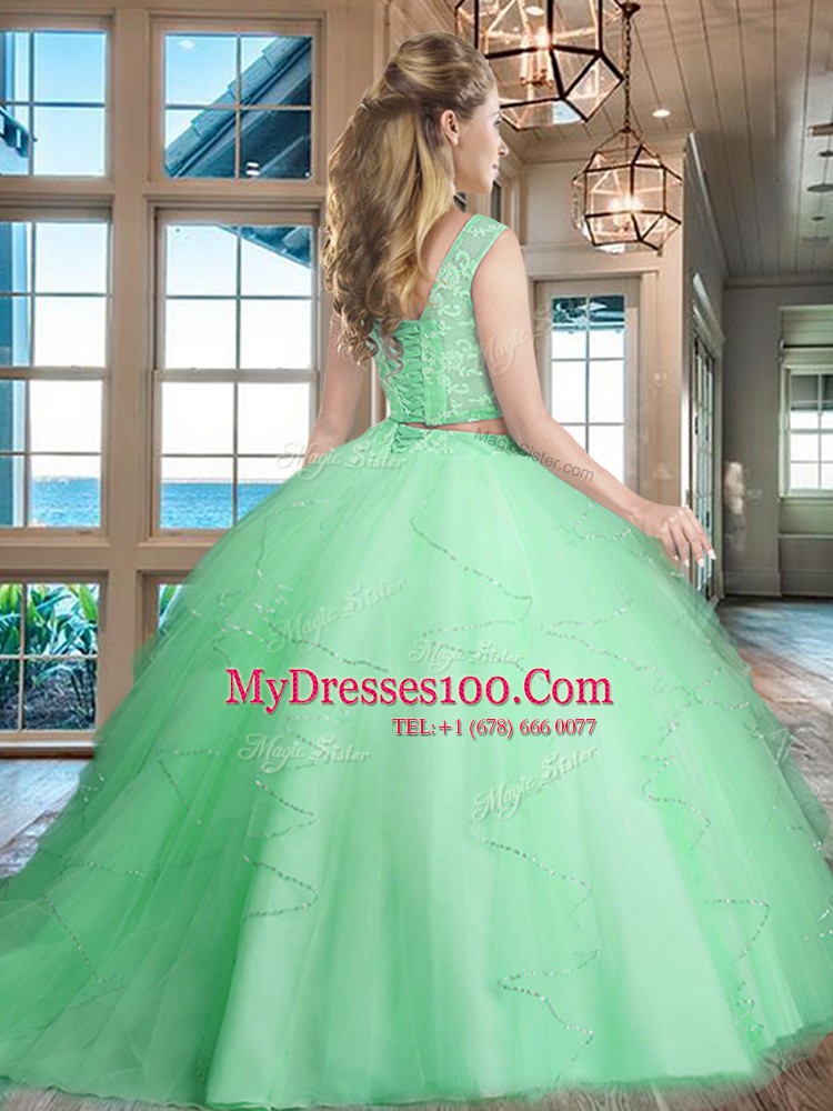 Colorful Rose Pink Two Pieces Bateau Sleeveless Tulle With Brush Train Lace Up Lace and Ruffles Sweet 16 Dress