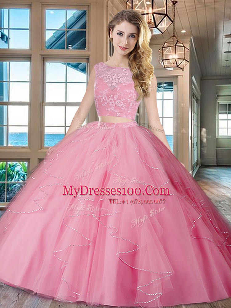 Colorful Rose Pink Two Pieces Bateau Sleeveless Tulle With Brush Train Lace Up Lace and Ruffles Sweet 16 Dress