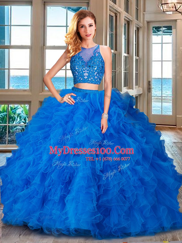 Blue Two Pieces Tulle Scoop Sleeveless Beading and Ruffles Floor Length Zipper Ball Gown Prom Dress