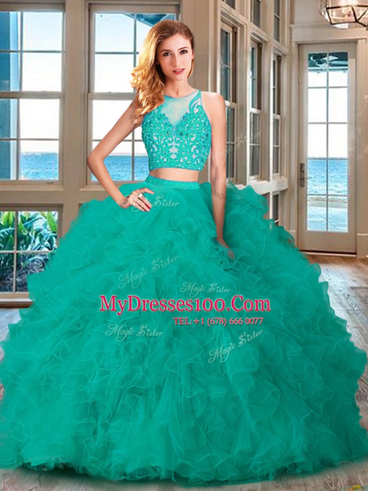 Blue Two Pieces Tulle Scoop Sleeveless Beading and Ruffles Floor Length Zipper Ball Gown Prom Dress