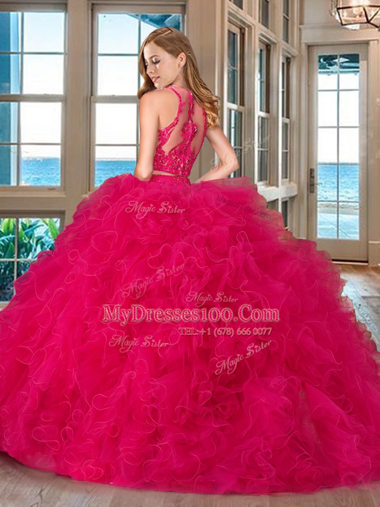 Blue Two Pieces Tulle Scoop Sleeveless Beading and Ruffles Floor Length Zipper Ball Gown Prom Dress