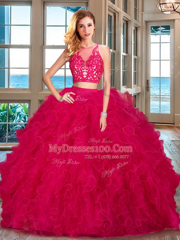 Blue Two Pieces Tulle Scoop Sleeveless Beading and Ruffles Floor Length Zipper Ball Gown Prom Dress