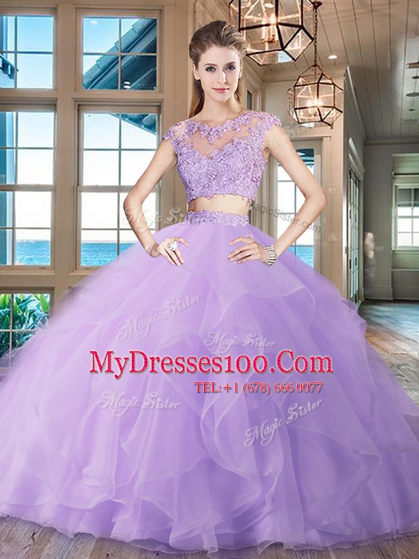 Scoop Cap Sleeves Organza Quinceanera Gowns Beading and Appliques and Ruffles Brush Train Zipper