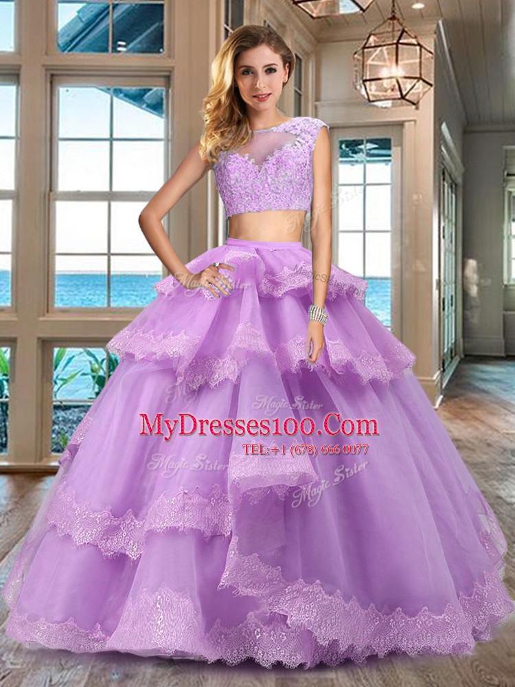 Super Lavender Bateau Neckline Lace and Appliques and Ruffled Layers Quinceanera Dresses Cap Sleeves Zipper