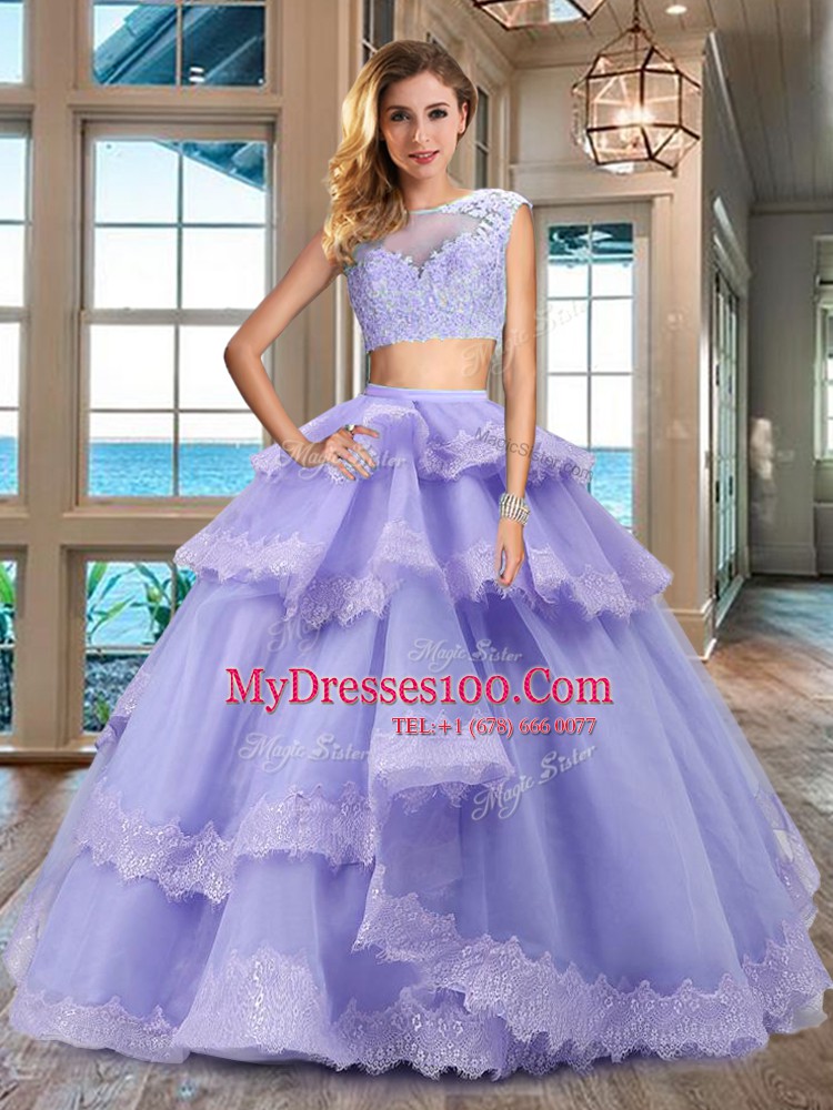 Super Lavender Bateau Neckline Lace and Appliques and Ruffled Layers Quinceanera Dresses Cap Sleeves Zipper
