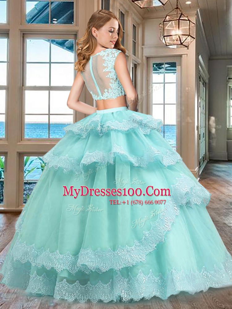 Super Lavender Bateau Neckline Lace and Appliques and Ruffled Layers Quinceanera Dresses Cap Sleeves Zipper