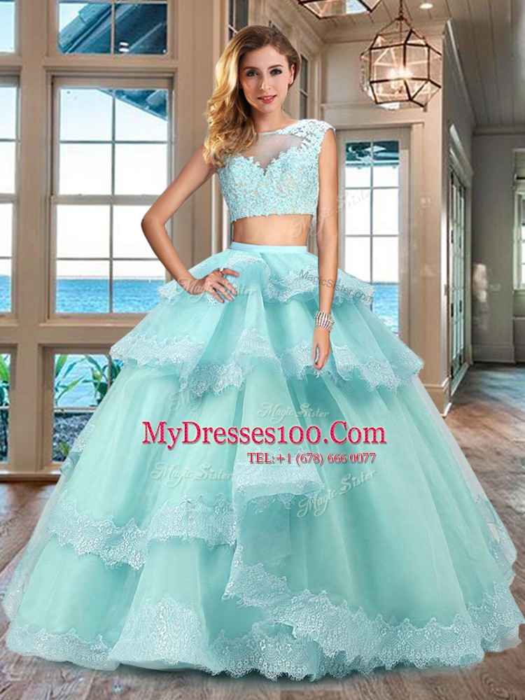 Super Lavender Bateau Neckline Lace and Appliques and Ruffled Layers Quinceanera Dresses Cap Sleeves Zipper