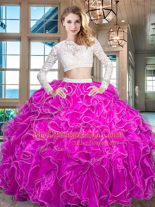 Eye-catching Fuchsia Two Pieces Organza Scoop Long Sleeves Beading and Lace and Ruffles Floor Length Zipper 15 Quinceanera Dress