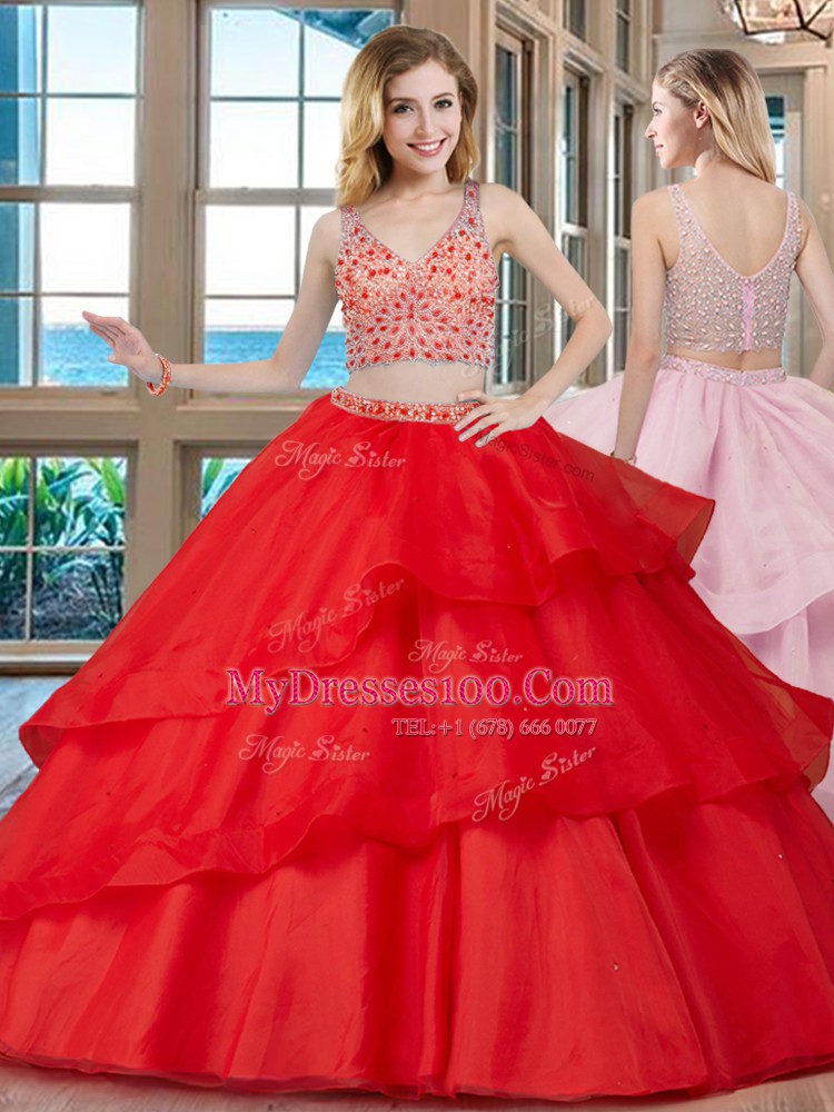 Modern Brush Train Two Pieces Quince Ball Gowns Red V-neck Organza Sleeveless With Train Zipper