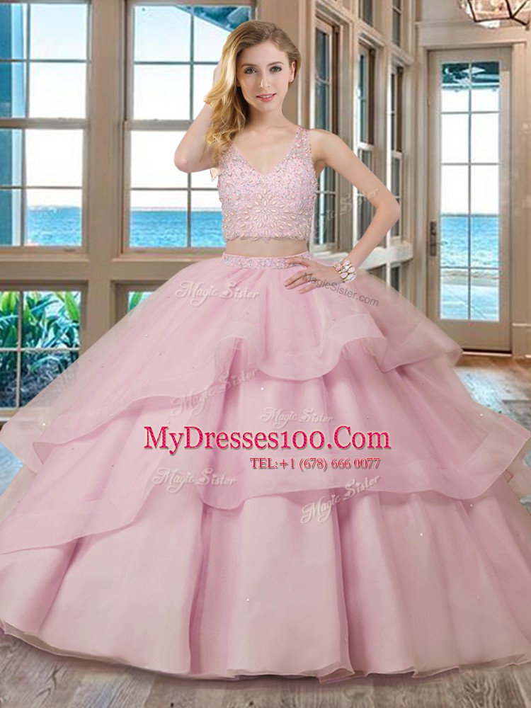 Modern Brush Train Two Pieces Quince Ball Gowns Red V-neck Organza Sleeveless With Train Zipper