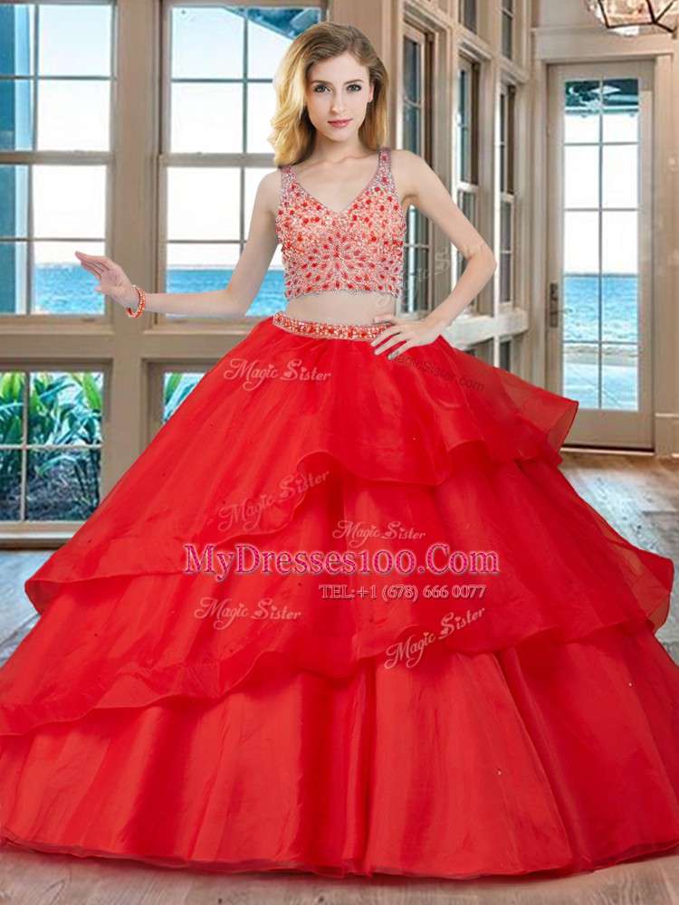 Modern Brush Train Two Pieces Quince Ball Gowns Red V-neck Organza Sleeveless With Train Zipper