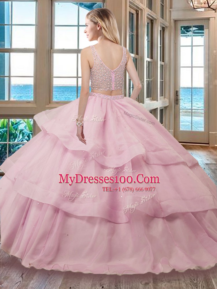 Modern Brush Train Two Pieces Quince Ball Gowns Red V-neck Organza Sleeveless With Train Zipper