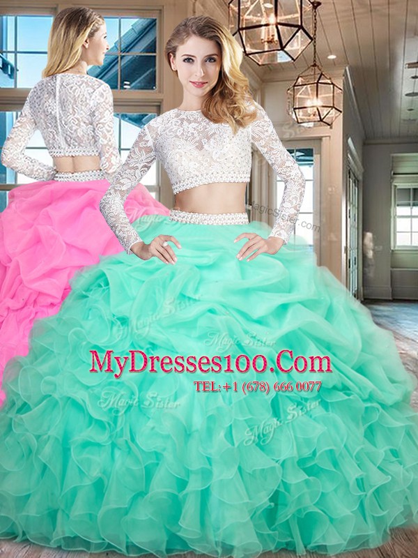 Cute Scoop Apple Green Long Sleeves Organza Zipper Ball Gown Prom Dress for Military Ball and Sweet 16 and Quinceanera