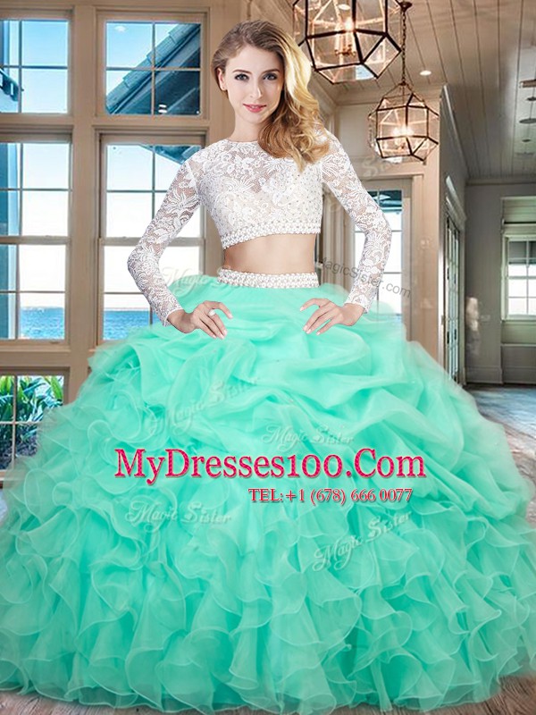 Cute Scoop Apple Green Long Sleeves Organza Zipper Ball Gown Prom Dress for Military Ball and Sweet 16 and Quinceanera