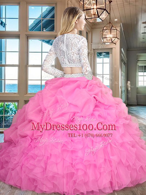 Cute Scoop Apple Green Long Sleeves Organza Zipper Ball Gown Prom Dress for Military Ball and Sweet 16 and Quinceanera