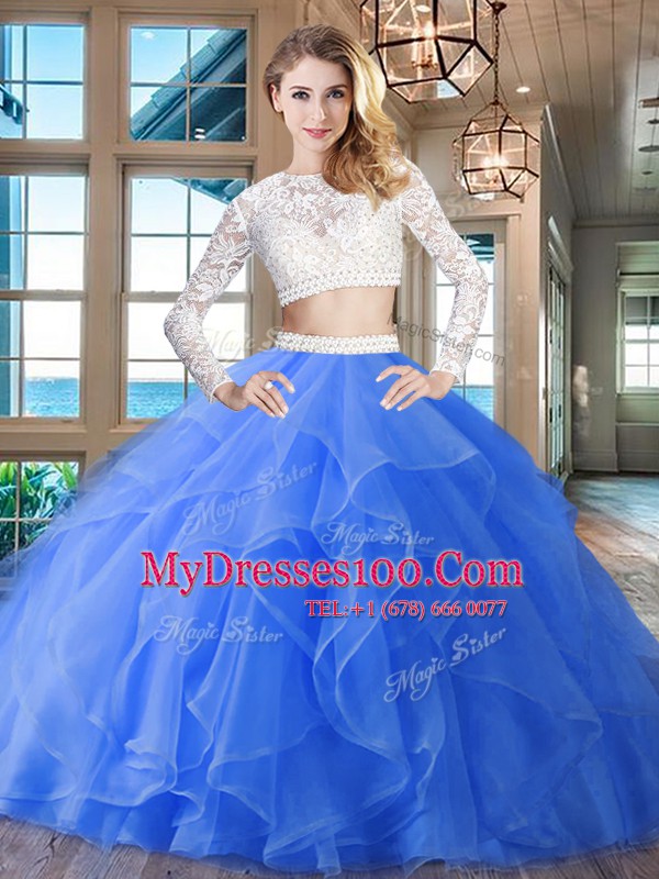 Blue Two Pieces Scoop Long Sleeves Organza Brush Train Zipper Beading and Lace and Ruffles Quince Ball Gowns