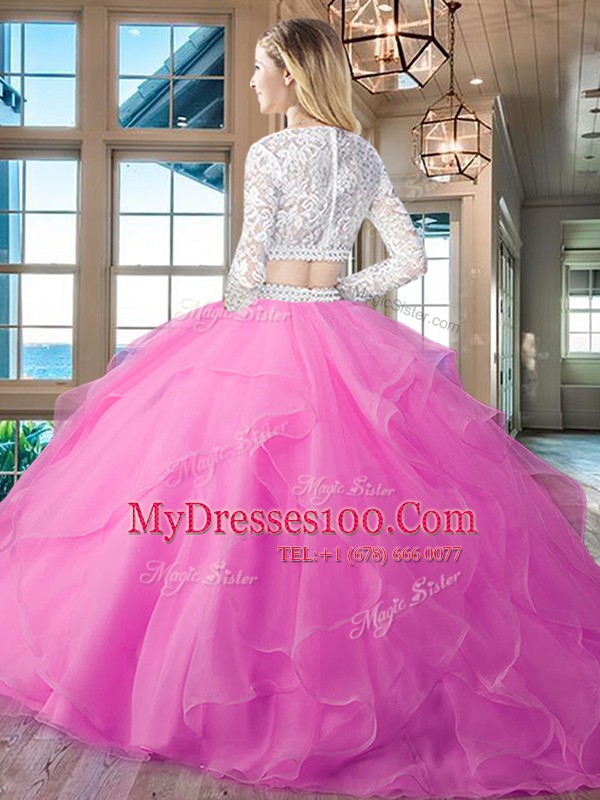 Blue Two Pieces Scoop Long Sleeves Organza Brush Train Zipper Beading and Lace and Ruffles Quince Ball Gowns
