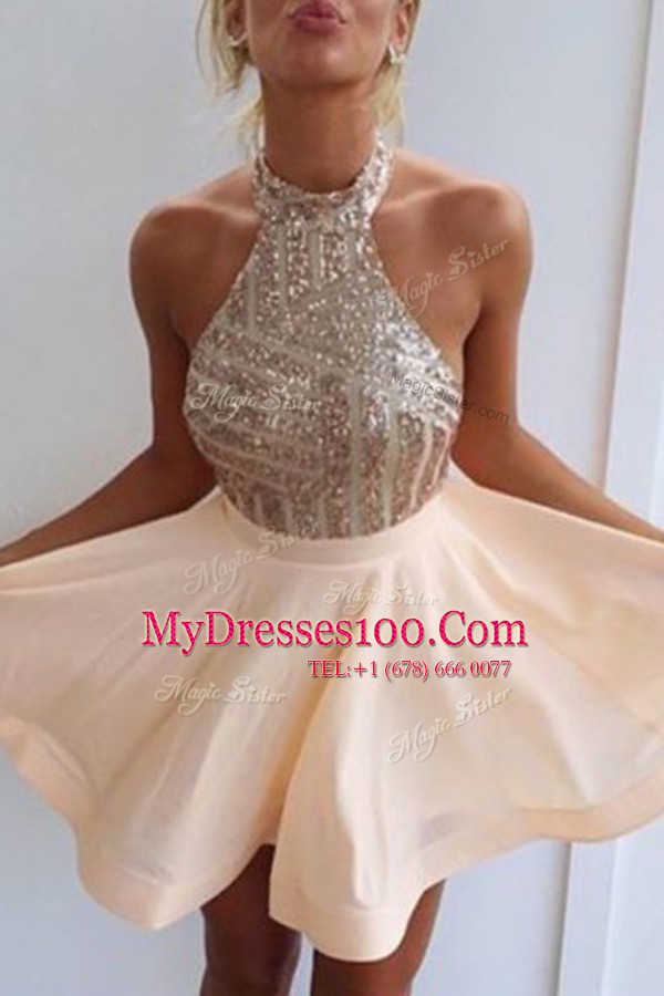 Halter Top Chiffon Sleeveless Mini Length Prom Party Dress and Beading