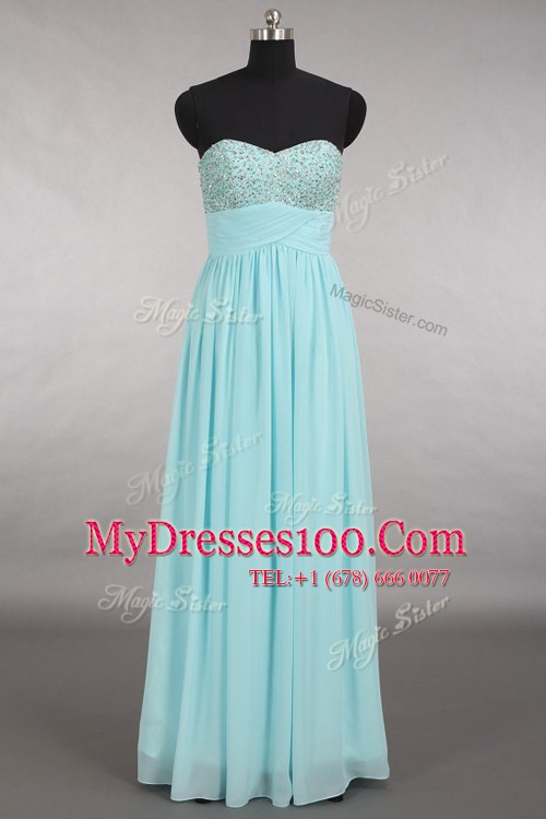 Most Popular Aqua Blue Sleeveless Beading Floor Length Prom Evening Gown