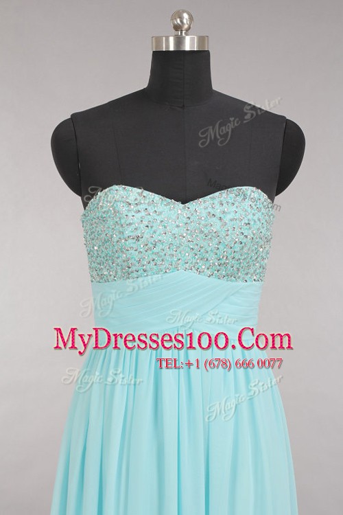 Most Popular Aqua Blue Sleeveless Beading Floor Length Prom Evening Gown