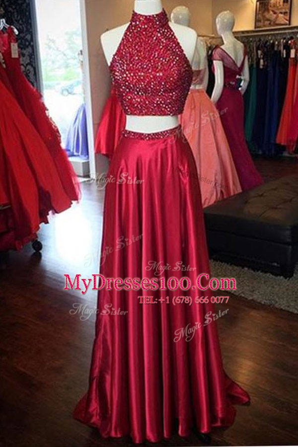Red Halter Top Neckline Beading Formal Dresses Sleeveless Backless