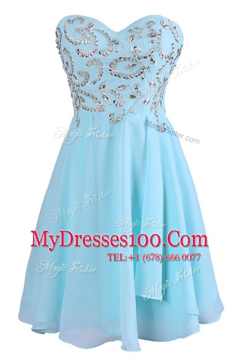 Custom Fit Sleeveless Chiffon Knee Length Criss Cross Prom Dresses in Blue with Embroidery