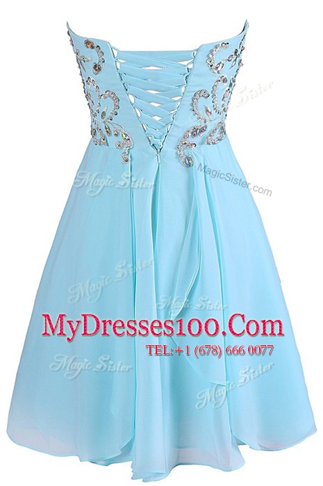 Custom Fit Sleeveless Chiffon Knee Length Criss Cross Prom Dresses in Blue with Embroidery