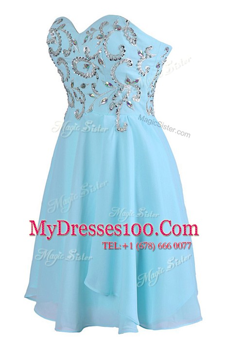 Custom Fit Sleeveless Chiffon Knee Length Criss Cross Prom Dresses in Blue with Embroidery