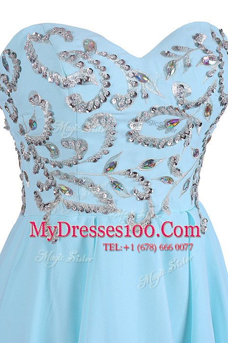 Custom Fit Sleeveless Chiffon Knee Length Criss Cross Prom Dresses in Blue with Embroidery