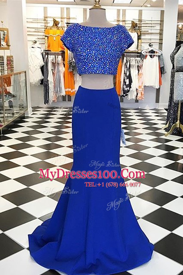 Low Price Short Sleeves With Train Beading Zipper Prom Party Dress with Royal Blue Sweep Train