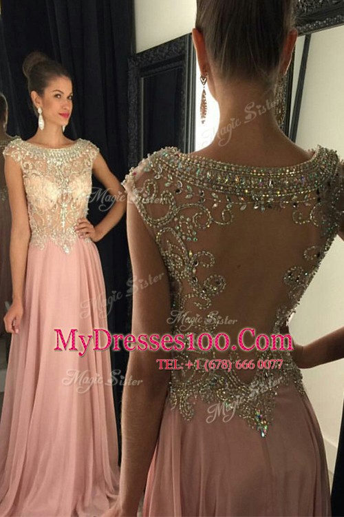 Pretty Scoop Pink Zipper Evening Dress Beading and Sequins Sleeveless Floor Length