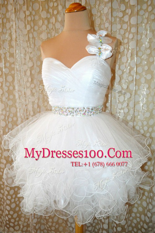Superior One Shoulder White Sleeveless Beading Mini Length Evening Outfits